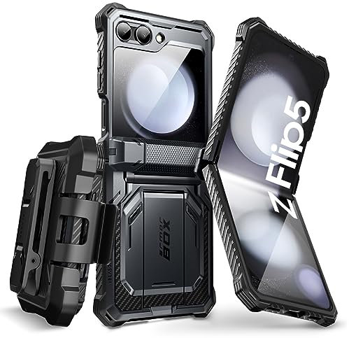 i-Blason Armorbox Series für Samsung Galaxy Z Flip 5 Hülle (2023) mit integriertem Displayschutz, Ständer und Gürtelclip, Robust Handyhülle Scharnierschutz Bumper Case (Schwarz)