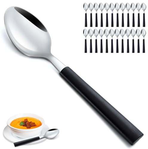 Funnydin 24 pièces cuillères ensemble, 6,8 pouces, cuillères couverts seulement, poignée noire unique, lavable au lave-vaisselle, cuillères à soupe pour la maison et le restaurant
