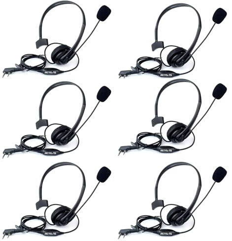 Retevis 2 Pin Funkgeräte Headset PTT Einstellbar mit Swivel Boom Lautsprecher Mikrofon Kopfhörer Kompatibel mit Walkie Talkie RT24 RT22 RT27 RT1 RT5 Baofeng BF-88E BF-888S Kenwood (6 STK)