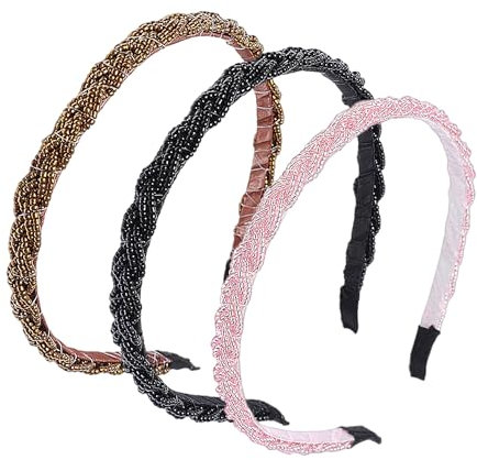 Lot de 3 accessoires de cheveux tressés pour femmes, bandeaux torsadés avec perles, élastiques à cheveux antidérapants, adaptés pour un usage quotidien des filles (café, noir, rose foncé)