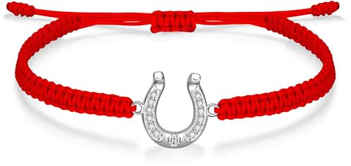 J.Endéar Bracelet Fer à Cheval pour Femme Argent 925 Zircone, Bracelet Fait Main en Filigrane Rouge pour Fille, Bijoux Bonne Chance Ajustable pour Ado