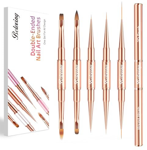5 Pinceaux Nail Art Ongles Gel, Pinceau Fin Nail Art Pour Design Ongles, Double Face Pinceau Set Pour Gel UV Construction, Ombré, Nail Brush Avec Couvercles Protecteurs, Or