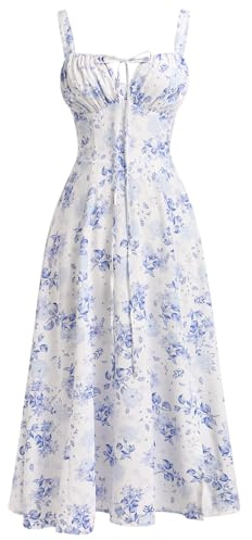 Odizli Abito estivo da donna, sexy, senza maniche, con spalline sottili, stile bohémien, floreale, con spacco