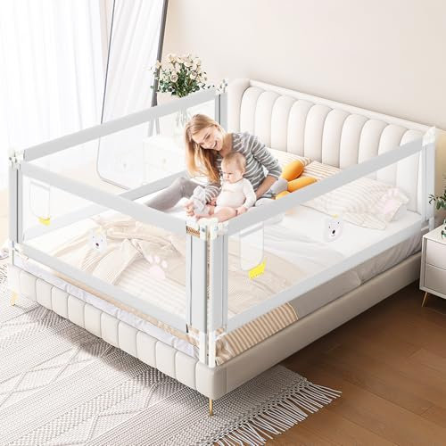 Ikodm Bettgitter 200CMx2+180CMx1 Bettschutzgitter Kinderbettgitter, Rausfallschutz Boxspringbett, Kinderbettschutzgitter für Kinder & Elternbetten, Höhenverstellbar 70-98cm, Grau