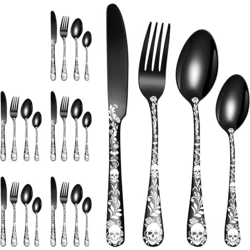 XIAOYU Halloween Skeleton Silverware Set, 24 Piece Stainless Steel Flatware Set Service for 6, Gothic Skull Cutlery Set Utensils for Halloween Easter Christmas, Black