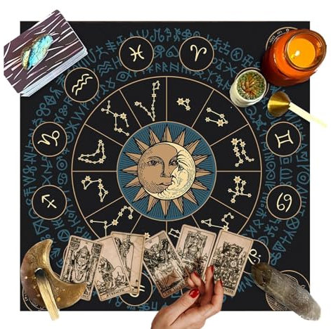 Altar Tarot Tischdecke 12 Konstellation Pentagramm Tapisserie Altartuch Tarotkarten Tischservietten Hexereibedarf Schwarzgold Tischdecke Astrologie Divination Karte Tuch Tisch Spirituelles Himmlisches