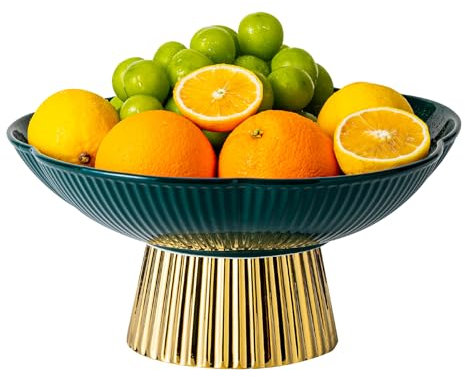 CCATSIX Ceramic Fruit Bowl,11.4-Inch Large Decorative Bowls,White Tray and Gold Pedestal, Kitchen Counter Elegant and Practical, Bread and Salad or Dessert Display Trays for Parties. (Black Green)