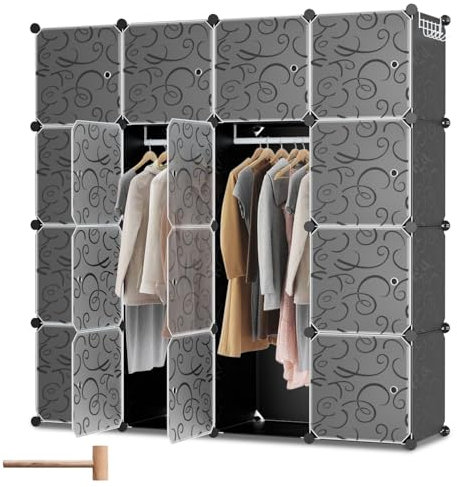 Ansobea Regalsystem Kleiderschrank Mit 2 Kleiderstange und 2 Aufhängehaken Steckregal mit Türen Modularer Kombischrank für Spielzeug, Schuhe, Bücher