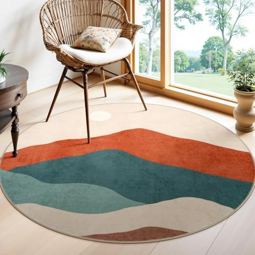 Sungea Runder Teppich, 122 cm, rutschfest, waschbar, Kreisteppich für Schlafzimmer, Berg, Boho, runder Teppich für Wohnzimmer, moderner weicher Akzent-Teppich für Eingangsbereich, Esszimmer (bunt)