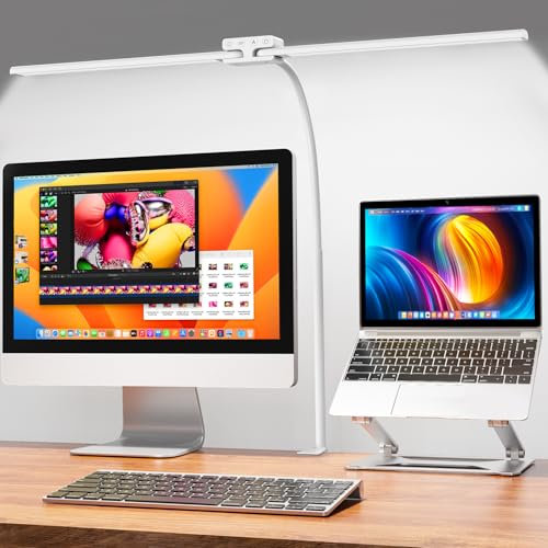 EppieBasic Desk Lamp, 24W Led Desk Lamp for Home Office, Eye-Caring Double Head Architect Desk Light with Clamp, 4 Color Modes & Stepless Dimming Table Lamp for Study and Monitor Work, White