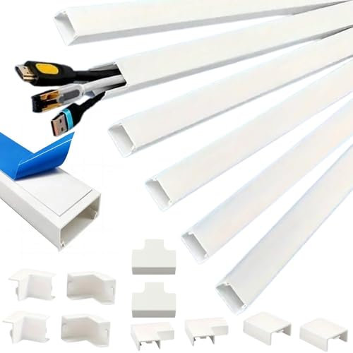 6x1metro (20x10mm) Canaleta Cables Pared Adhesivo con 10Accesorios | 6 Canaletas Cables de 1metro de Largo y Accesorios - Cubre Cables Color Blanco para Proteger o Esconder Cables