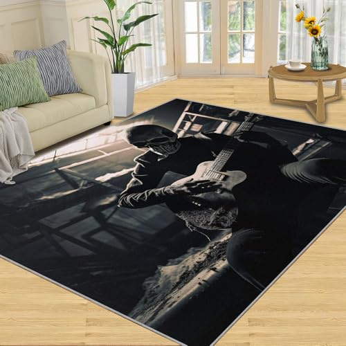 YXQAIED Guitar Player Rug for Kids Room - 90x150cm Kitchen Rugs, Guitar Skull Rugs for Bedroom Musical Performance Guitar Area Rugs for Living Room Home Decor Washable Rug