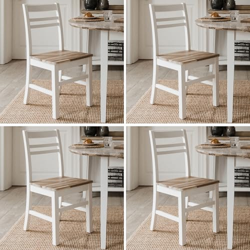 Florence Wooden Dining Chair | Country Style Kitchen Chair with Limed Acacia Hardwood Seat | Quality Kitchen Dining Furniture (white, 4-Chairs)