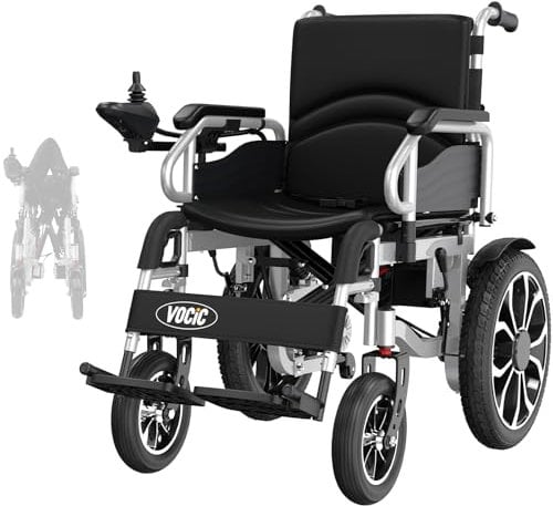 VOCIC Fauteuil roulant electrique pliable leger pour 150KG,30KM fauteuil handicapés électrique Stable,Chaise roulante électrique avec 40CM pneus gonflables amortisseurs(argent)