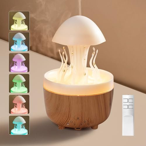 Foyucool Humidificador de Nube Lluvia, 300 ml Humidificador de Aire con Luz 7 Colores, Temporización 2/4/8H y Auto-Off Sin Agua, Simular Gotas Lluvia y Autorrotación, Difusor para Habitacion, Madera
