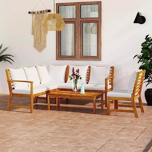 Emmtore 5-TLG. Garten-Lounge-Set mit Auflagen Creme Massivholz Akazie Eckteil + Mittelteil + 2X Bank + Tisch