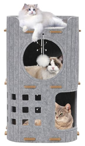 Katzenhöhle aus Filz, Katzenhöhle,Stabile aus hochwertigem Filz，Katzenhaus Indoor 3 Schicht Katzenbett,zum Schlafen, Spielen und Verstecken，Filzhöhle beige，35×35x 60cm，Groß