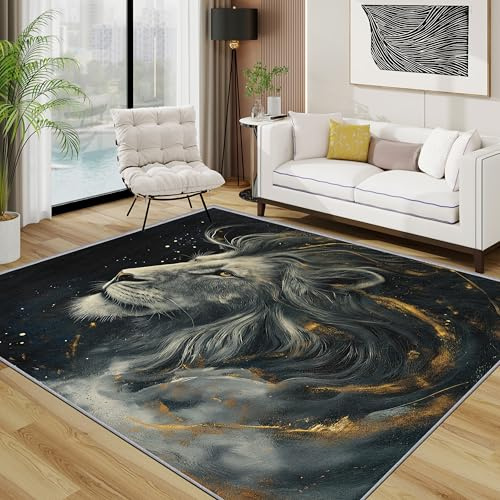TerroVee Löwe Teppich, Fantasty Galaxie Tiere Kleiner Teppich, Mystische Kunst Luxus Waschbar Kurzflor Weich Teppiche Eingangsbereich Innen Küche, 60x90 cm, Schwarz Grau
