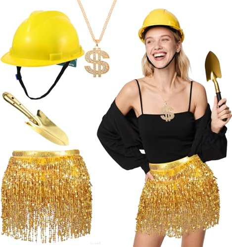 HFYZZ 4 Pcs Gold Digger Costume Outfit Kit Include Hard Hat Sequin Tassel Skirts Golden Shovel and Dollar Sign Necklace for Women Halloween Party Cosplay