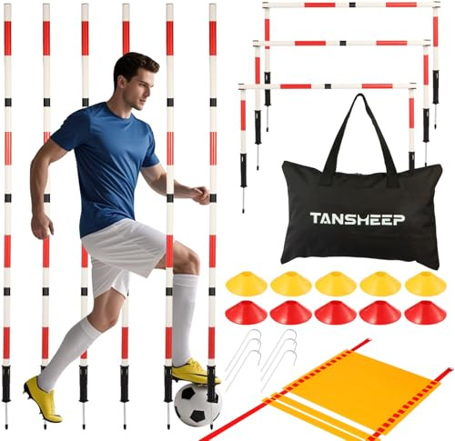 Fußball-Agility-Trainingsstangen-Ausrüstung mit Tasche, 6 Agility-Stangen, 3 horizontale Stöcke, 1 Agility-Leiter mit Tasche, 10 Fußball-Kegel, multifunktionale Geschwindigkeitstrainingsausrüstung für