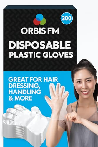 ORBIS FM®️ 300x Disposable Plastic Gloves – One Size Fits All Clear Polythene Gloves for Food Preparation, Cleaning, Hair Dyeing, and Household Tasks – Lightweight and Easy to Use for Daily Needs