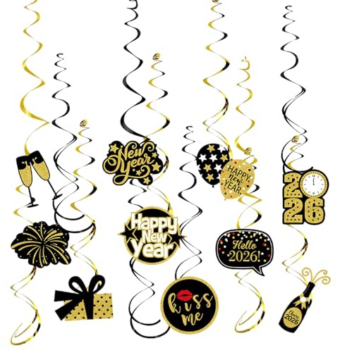 Silvester Deko 2026 Hängende Wirbel,Happy New Year Deko Swirl Streamers,Schwarz Gold Luftschlangen Silvester Hängedeko Spiralen Girlande,Home Indoor Outdoor für 2026 Neujahr Silvesterparty Dekoration
