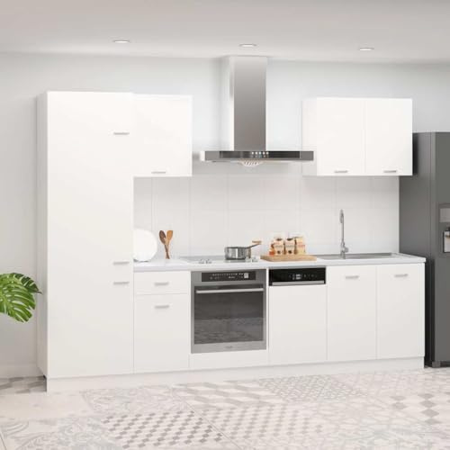 GeenYuu 7-teiliges Küchenzeilen-Set Lyon Weiß Holzwerkstoff, Stauraumschrank für Küche, Spülmaschinenblende, Schrank-Set mit Hängeschränken, Ofenschrank und Spülenunterschrank