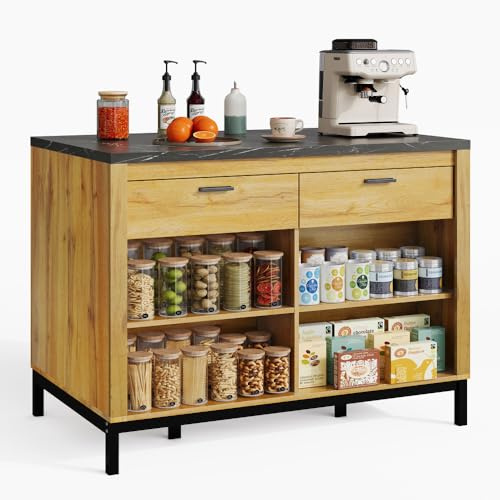 Landhausstil Kücheninsel aus MDF mit schwarzer Marmor-Arbeitsplatte, stabiler Kochinsel mit 2 Schubladen & offenen Regalen, Küchenschrank mit Rückseite Bar-Bereich 120x75x90cm (Natural + European)