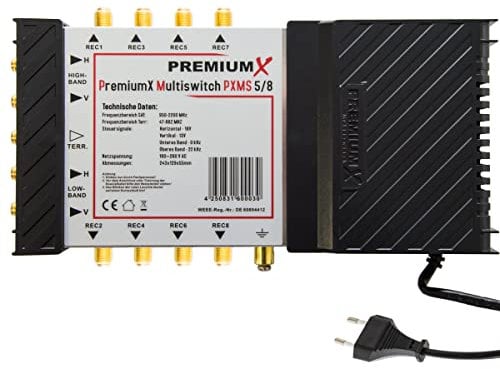 PremiumX PXMS 5/8 Multischalter mit Netzteil Multiswitch 1 SAT für 8 Teilnehmer Satverteiler Digital HDTV FullHD 4K UHD 8K