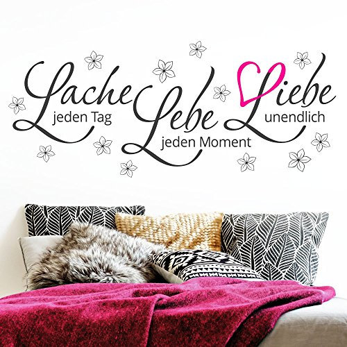 Grandora Wandtattoo Zitat Lebe Lache Liebe + Blumen & Herz pink I Silbergrau (BxH) 58 x 24 cm I Wohnzimmer Sticker Aufkleber Wandaufkleber Wandsticker W5122