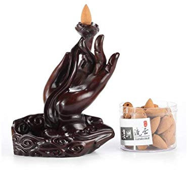 Lachineuse - Fontaine à Encens Main de Bouddha - avec Cônes à Encens - Brule Encens Cascade 17 cm - en Bois - Porte Encens pour Décoration Intérieure - Déco Zen Idée Cadeau Asiatique