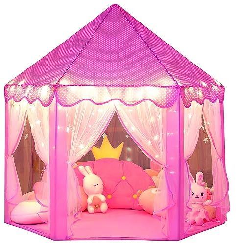 wilwolfer Princess Castle Play Tent for Girls Large Kids Play Tents Hexagon Playhouse with Star Lights Toys for Children Indoor Games (Pink)