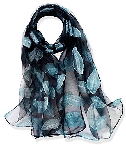 YFZYT Organza-Schal für Damen mit Feder Stickerei Muster/Elegantes Accessoire für Frauen/Organza-Schal/Halstuch/Schulter-Tuch/Schal Chiffon Stola Scarves - Wasserblaue Blätter