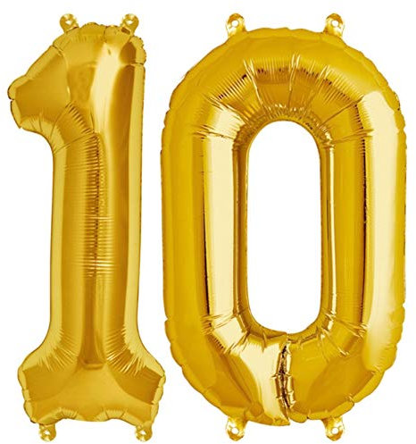 FUNXGO® Folienballon Zahl 10 Gold - Riesenzahl Ballon ca.100 cm - fliegt mit Helium - 10 geburtstag luftballon - Deko zum Geburtstage, Party, Hochzeiten - Ballon 10 Gold