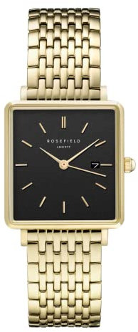 Rosefield Damenuhr The Boxy Gold 26 * 28 mm Quadratisches Gehäuse mit Schwarzem Zifferblatt und goldenem Band - QBSG-Q017