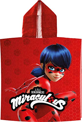 Miraculous Ladybug Kinder-Kaputzen-Bade-Poncho Rot 60 x 120 cm 100% Baumwolle Veloursqualität Pareo Poncho Bademantel Badetuch Strandtuch Duschtuch Handtuch Cat Noir Paris passend zur Bettwäsche