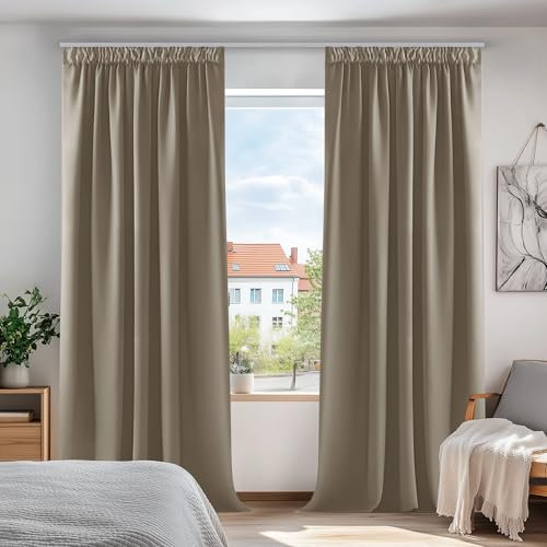 Deconovo Dicke Thermovorhänge Gardinen Verdunkelungsvorhänge mit Kräuselband, 200x140cm(HöhexBreite), Taupe, 2er Set