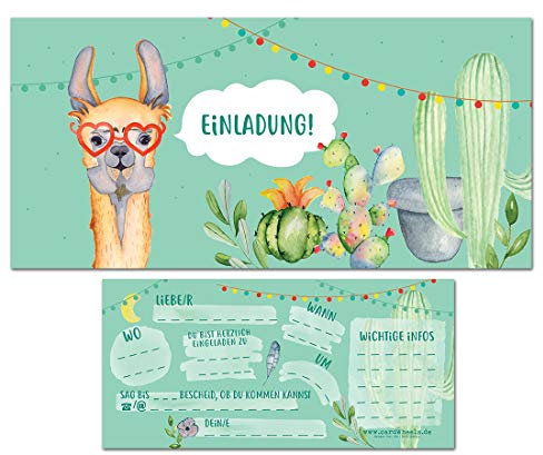 CardWheels 12 Einladungskarten Lama zum Geburtstag oder Kindergeburtstag - Mädchen Jungen/Aquarell Jugendweihe Einschulung Poolparty
