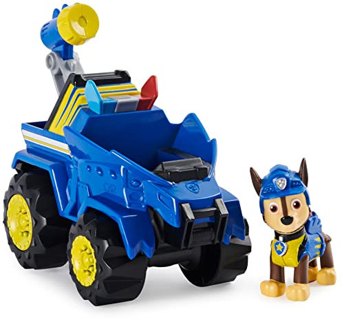 PAW PATROL Dino Rescue Chases Basis Fahrzeug mit Rückzieh-Mechanismus, inklusive Hundefigur und Überraschungs-Dino, Spielzeug für Kinder ab 3 Jahren