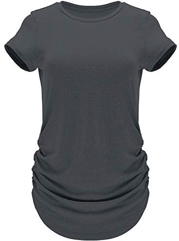 GO HEAVY Damen Multifunktions Pilates Jogging T-Shirt Kurzarm Yoga Gym Sportshirt Rundhals Feutigkeitsabsobierend Dunkelgrau L