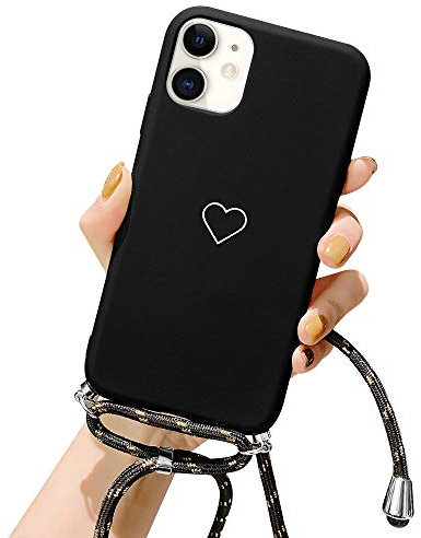 ROSEHUI Handykette Hülle für iPhone 11 Pro Herz Love Design Silikon Bumper Kordel zum Umhängen Halskette Handyhülle Ultra Dünne Schutzhülle mit Band,Schwarz