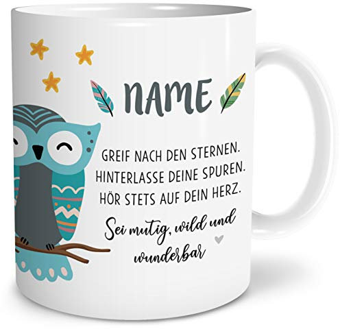OWLBOOK® Personalisierte Tasse für Kinder Personalisiert Boho Eule Kinder Tasse Geschenke Geschenkideen für Kinder Junge Mädchen zum Geburtstag Schulanfang Kindertasse Keramik 300 ml