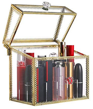 Goid-18S Organiseur de maquillage en verre – Support doré pour pinceaux de maquillage – Rangement pour rouge à lèvres, superbe organisateur de bijoux, pour chambre, commode, comptoir