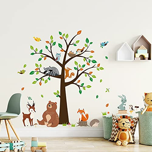 decalmile Wandtattoo Baum Waldtiere Wandaufkleber Bär Hirsch Fuchs Wandsticker Kinderzimmer Babyzimmer Schlafzimmer Wanddeko