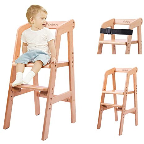 YOLEO hochstuhl, höhenverstellbarer Holzhochstuhl für kinder von 2 bis 12 Jahren, mitwachsender Buchenholz Babystuhl, Stuhl wächst mit dem Baby, zum Essen und Lernen (Natur)
