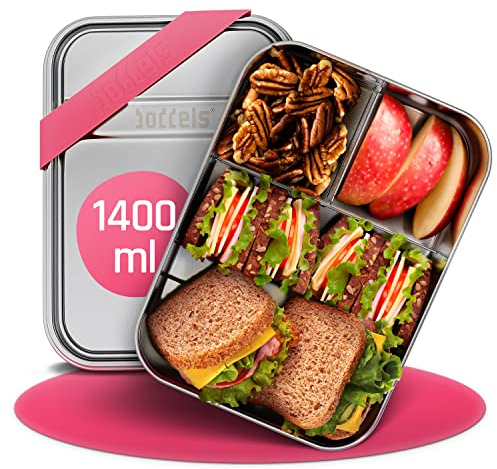 SMACHT 1400 ml - Boîte à repas en acier inoxydable pour adulte/enfant, avec 3 compartiments, séparateur réglable, passe au lave-vaisselle, bande en silicone, sans BPA, sans plastique Framboise