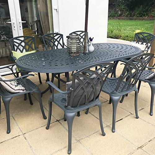 Lazy Susan 208 cm Ovaler Catherine Gartentisch in Schiefergrau mit 8 April Stühlen, Ohne Sitzkissen | Nachhaltiges Sandguss-Aluminium | Wetterfest | Rostfrei | Wartungsarm | 3 Jahre Garantie