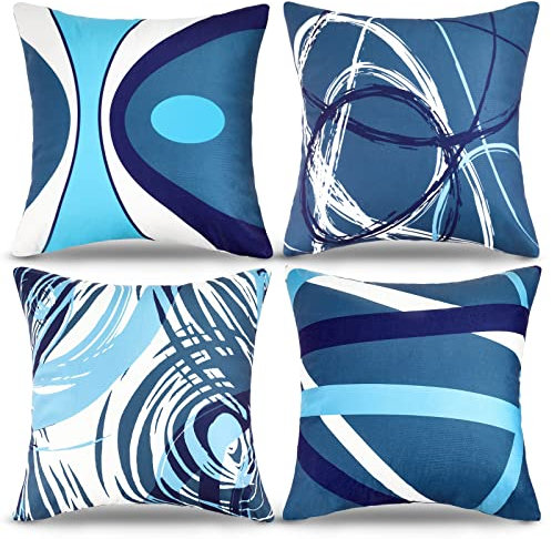 RYBornament Kissenbezug 40 x 40 cm Dekorative Kissenhülle Doppelseitige Geometrisches Muster Kissen Blau Moderne Abstrakte Blau Grau Weiß Gestreifter Sofakissen Samt Kissenhülle 4er Hause Dekorative
