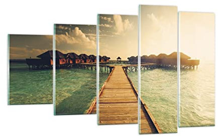 Mehrteilige Bilder auf Glas Malediven Ferienhäuser Wasser Glasbild 100x60cm Wandbilder Dekoration Wohnzimmer Schlafzimmer Küche Set 5 teilige Groß Wanddeko Wand Kunstdruck Art Modern GEG100x60-4951