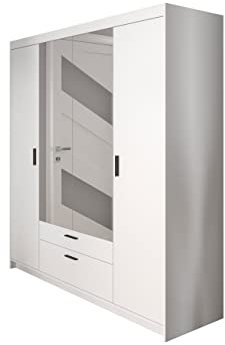 Mirjan24 Kleiderschrank Elena 4D, Drehtürenschrank mit 2 Schubladen, 4-türig Schrank, Farbauswahl (ohne Aufsatz, Weiß, mit Spiegel)